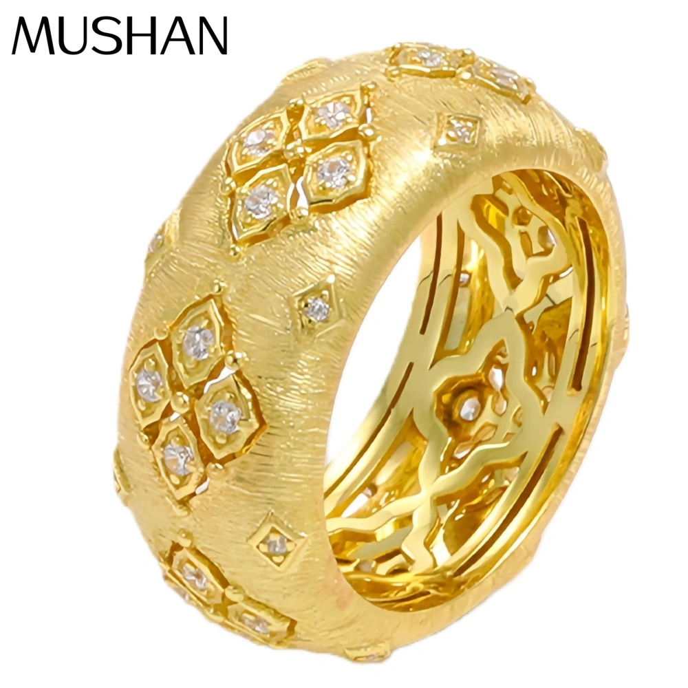 Mushan Luxury Brand Hot Sale Diamond Encrusted Four Leaf Flower Brushed Ring For Women  925 Sterling Silver Ring Jewelry