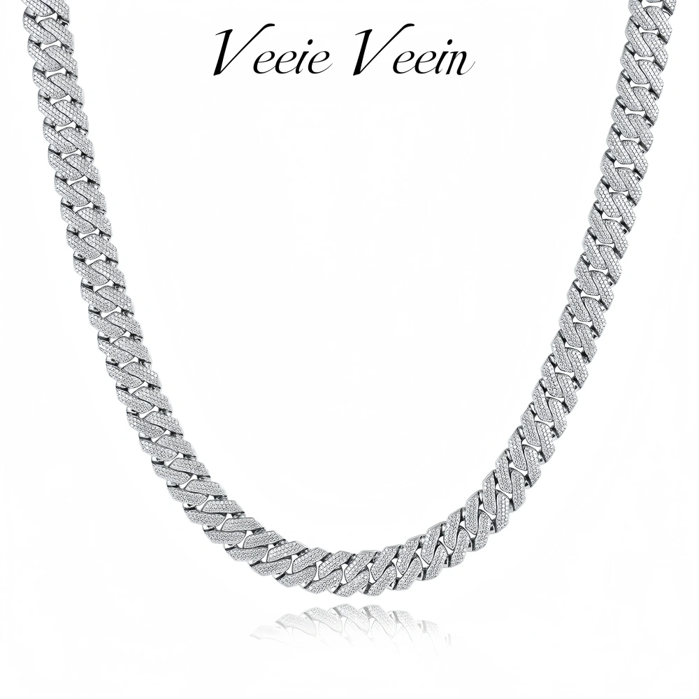 Veeie Veein Luxury Brand S925 Sterling Silver Fully Set Moissanite Necklace Cuban Chain Hip-Hop Street Fashion Accessory Jewelry