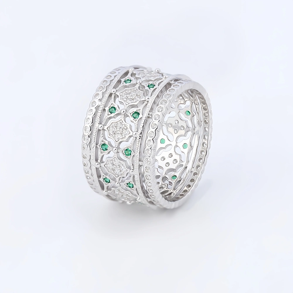 Mushan Luxury Brand Wide Hollowed-Out Diamond-Encrusted Retro And Fashionable Pure Silver Lace Ring Silver Ring Jewelry