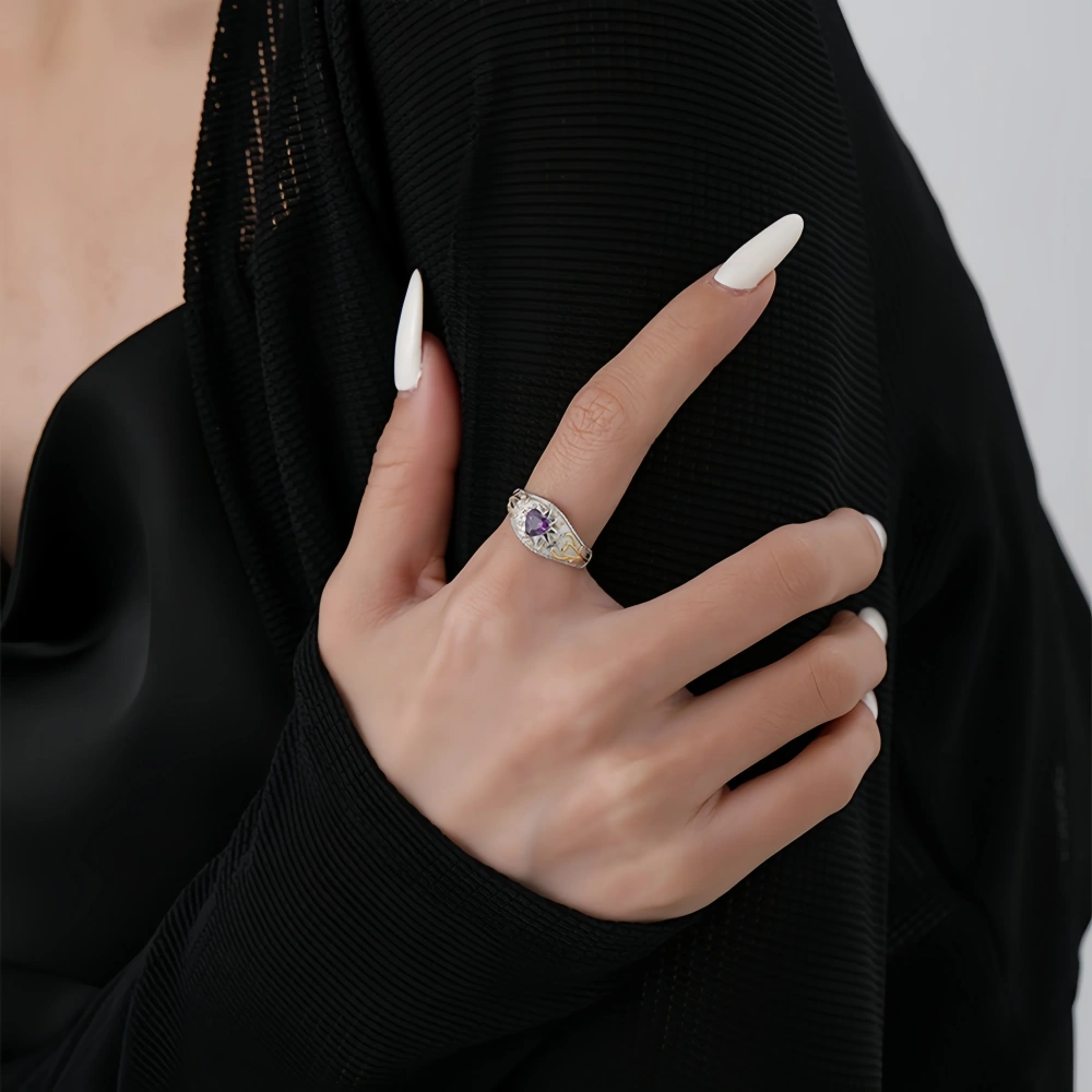 Mushan Luxury Brand S925 Sterling Silver Italian Gold Separation Process Purple Heart Diamond Ring, Ins Style Open Ring