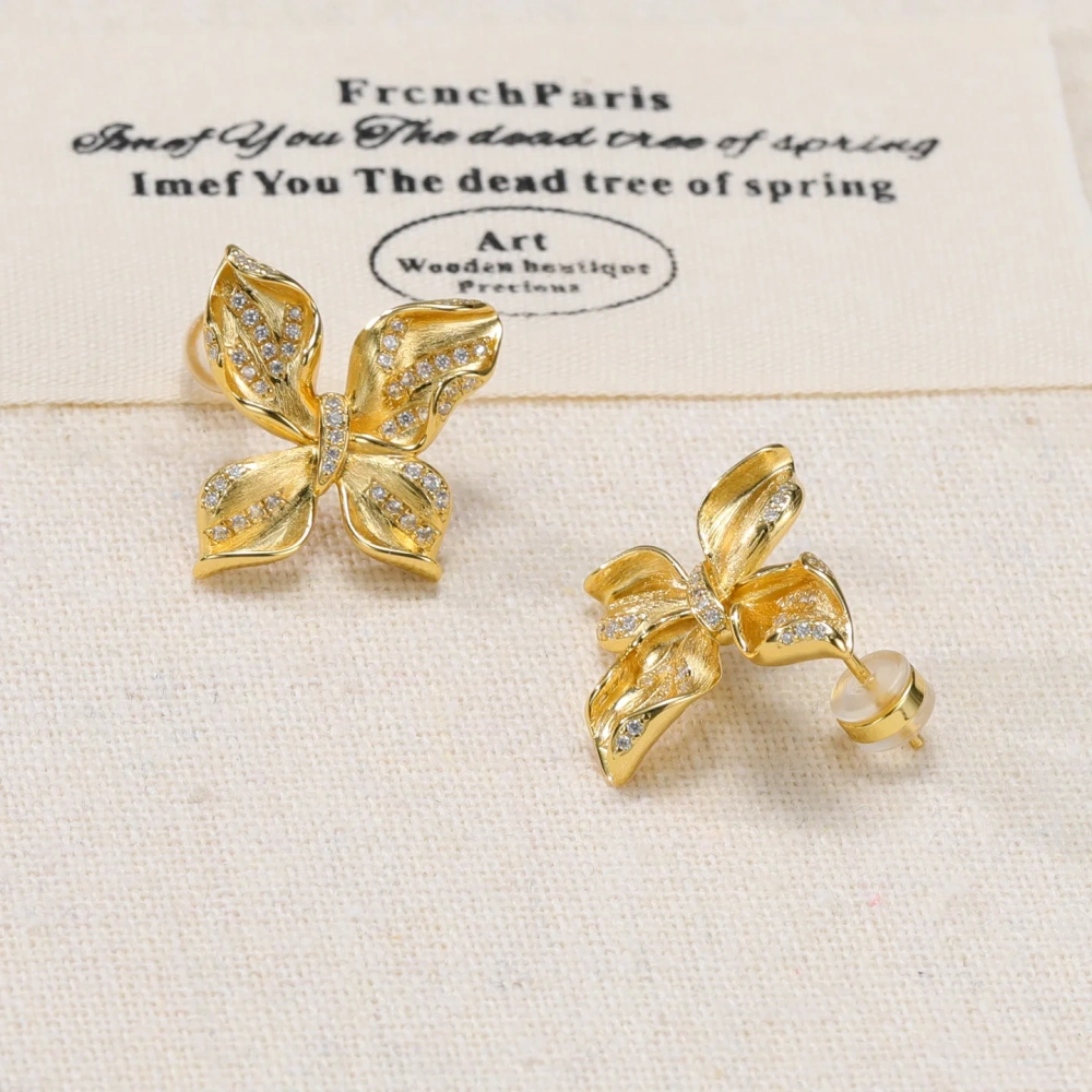 MuShan Luxury Brand Italian Brushed Gold Butterfly Stud Earrings 18K Gold Plated 925 Sterling Silver Zircon Earrings Jewelry