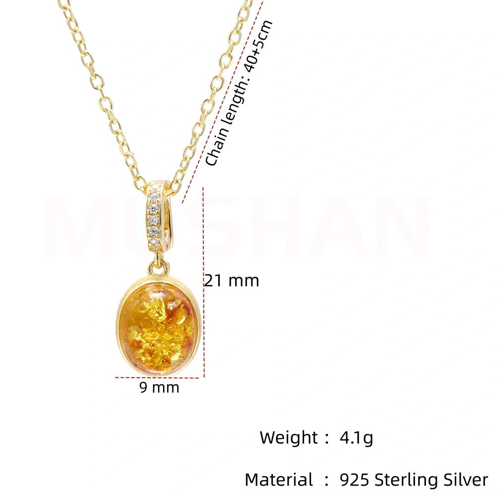 MuShan Luxury Brand Amber Stone Zircon Gemstones Pendant Necklace 18K Gold Plated 925 Sterling Silver Necklaces Jewelry