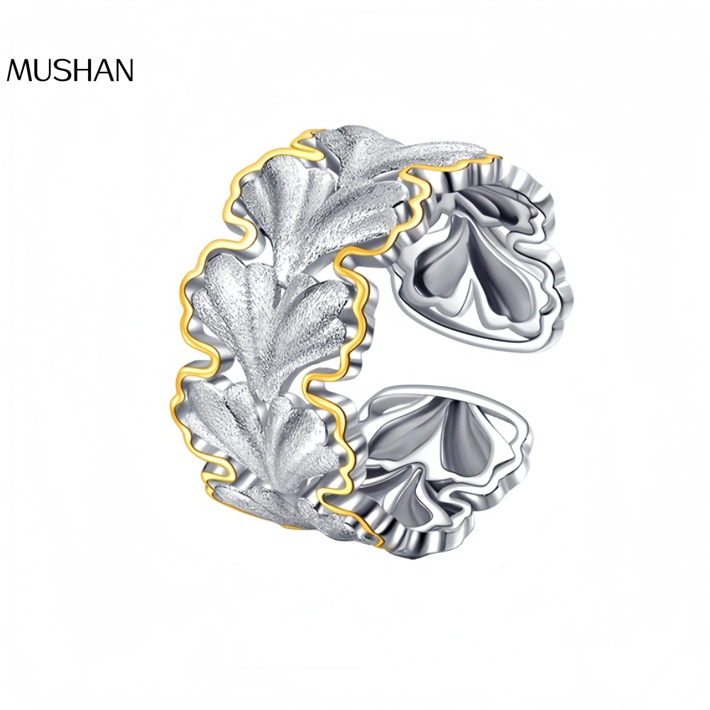 Mushan Luxury Brand Pure Silver S925 Ginkgo Leaf Ring, Italian Brushed Gold And Silver Color Contrast Index Finger Ring