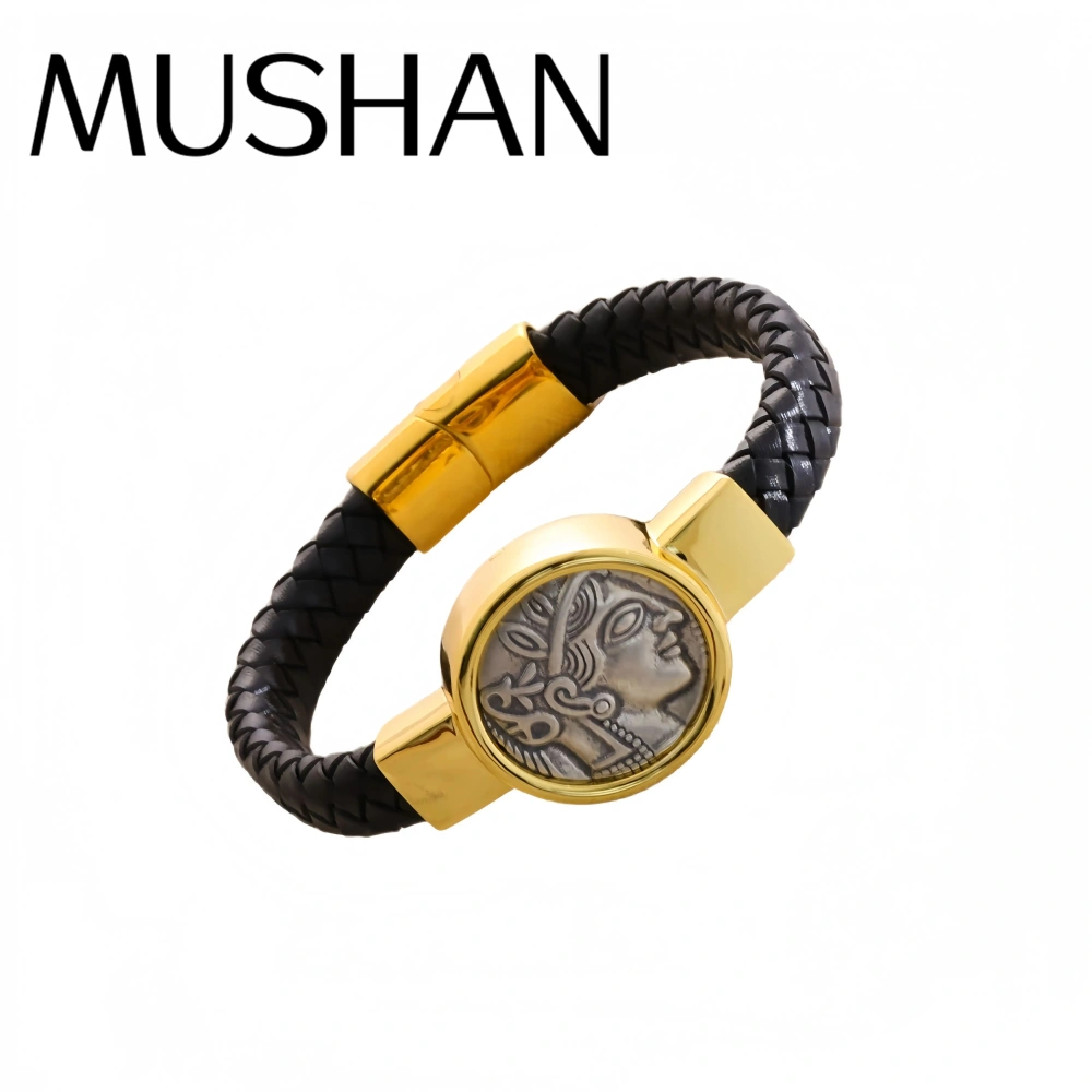 Mushan Luxury Brand Heavy Industry Athena Leather Rope Ancient Coin Bracelet For Women, New Men'S Leather Bracelet Jewelry