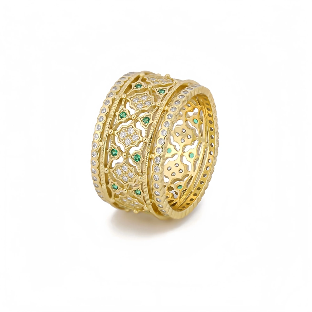 Mushan Luxury Brand Wide Hollowed-Out Diamond-Encrusted Retro And Fashionable Pure Silver Lace Ring Silver Ring Jewelry