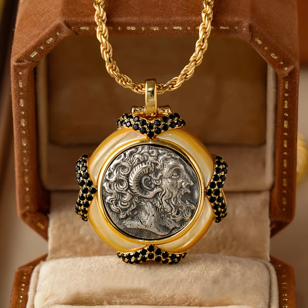 MuShan Luxury Brand Ancient Greek Sheep Horn Emperor Coin Necklace 18k Gold Plated 925 Sterling Silver Pendant Necklaces Jewelry