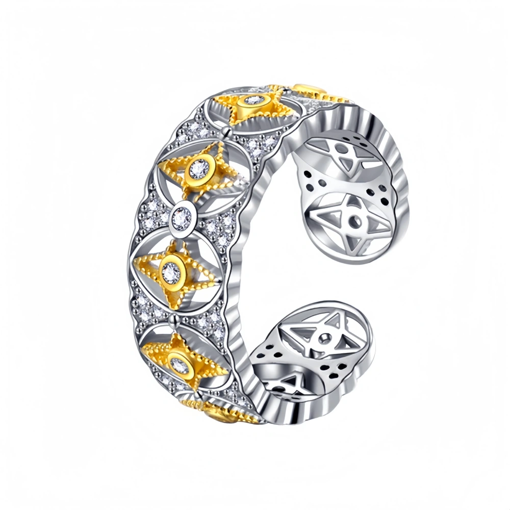 MuShan Luxury Brand Four-Pointed Star S925 925 Sterling Silver Ring 18K Gold Plated Hollow Zircon Ring Fine Jewelry