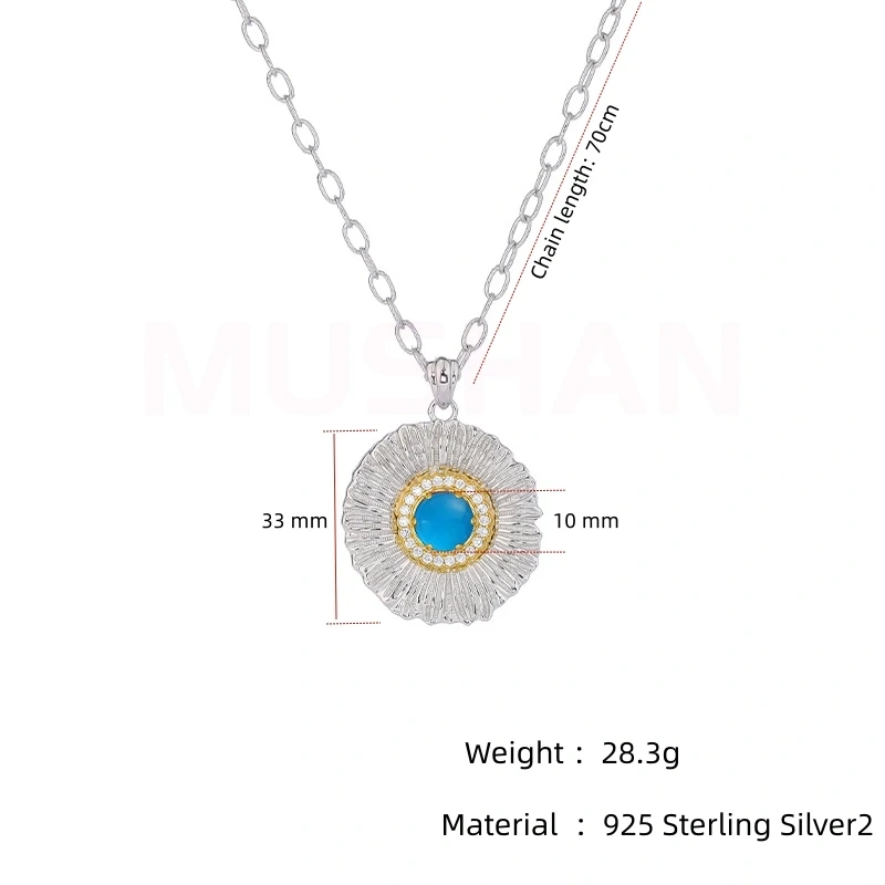 MuShan Luxury Brand 925 Sterling Silver Daisy Necklace Pendant Brushed Gold Flower Agate Gemstones Pendant Necklaces Jewelry
