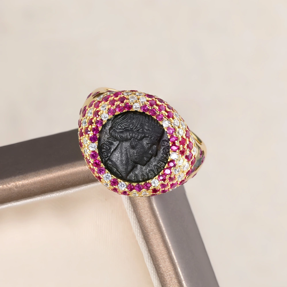 Mushan Luxury Brand Full Diamond Inlaid Lucky Goddess Ancient Coin Ring S925 Sterling Silver Women Fashion Ring Jewelry