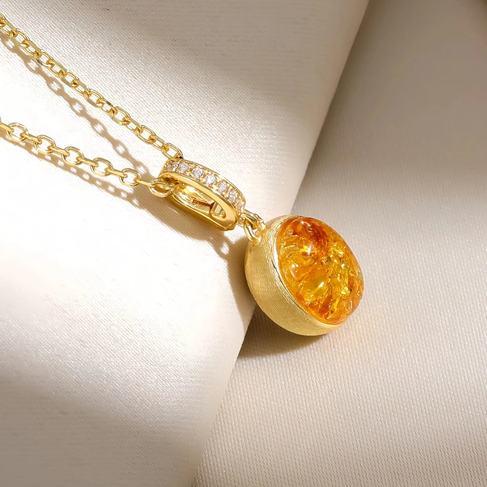 MuShan Luxury Brand Amber Stone Zircon Gemstones Pendant Necklace 18K Gold Plated 925 Sterling Silver Necklaces Jewelry