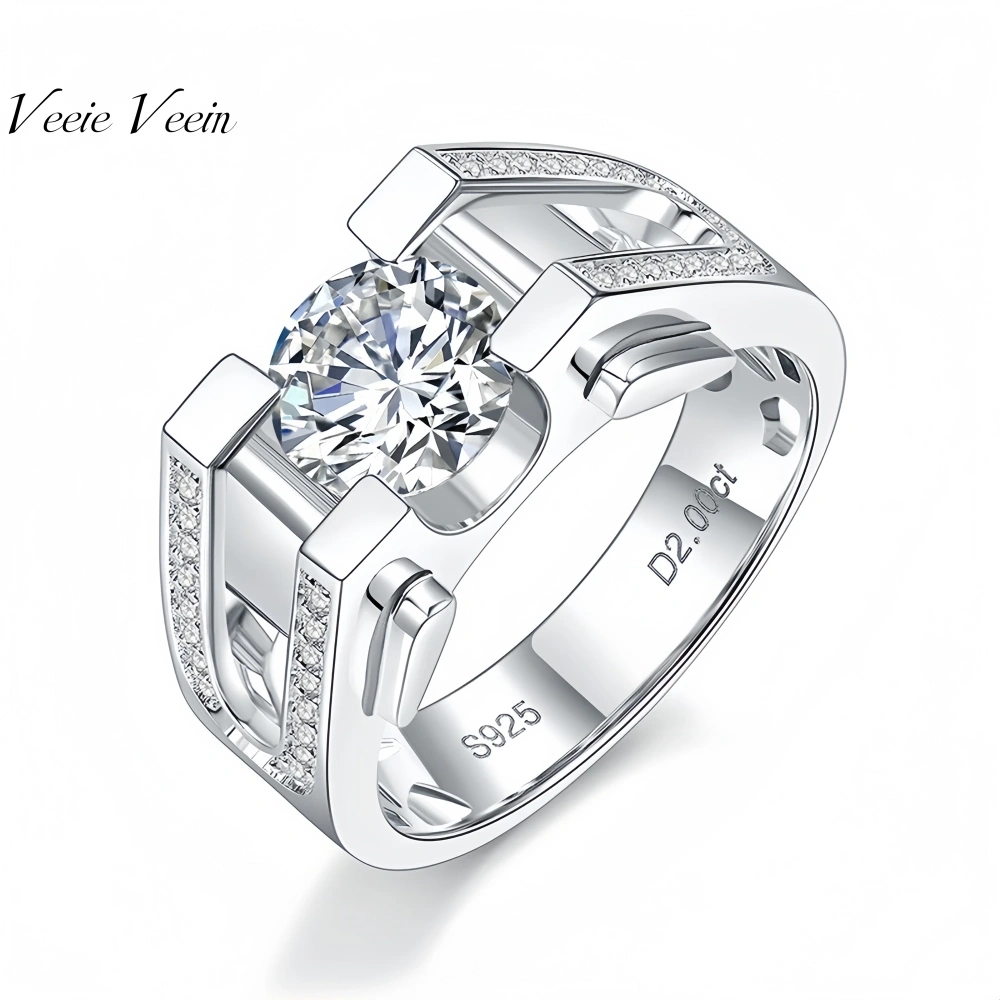 Veeie Veein Brand Designer S 925 Sterling Silver  2-Carat Ring Stone Hip-Hop Chain Cuban Men GRA Certificate Ring Jewelry