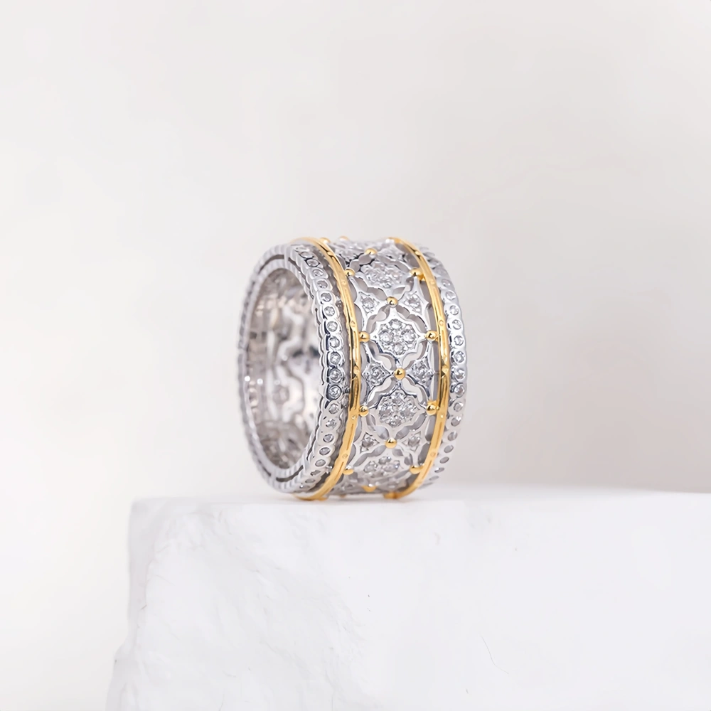 Mushan Luxury Brand New Full Diamond Lace Ring From Boucher With  Hollowed-Out Style S925 Sterling Silver Gold Plating