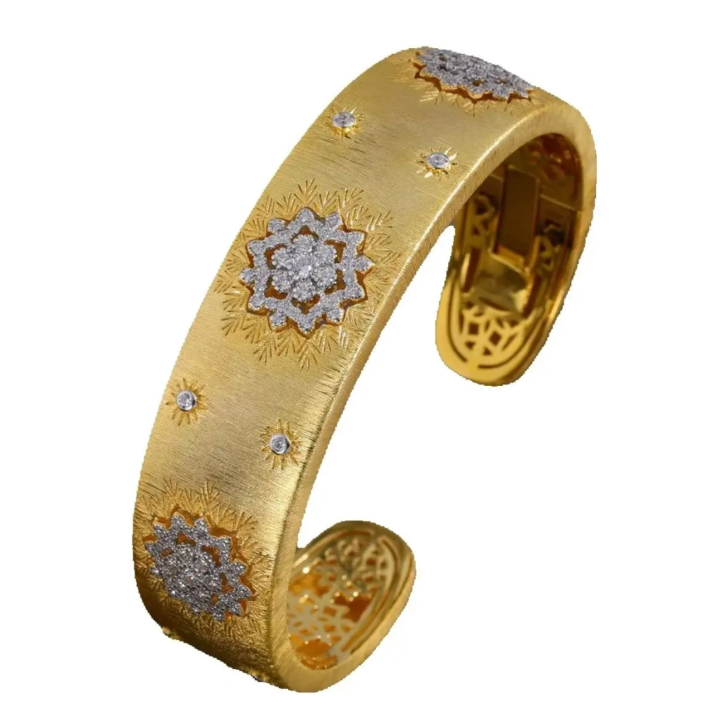 MuShan Luxury Brand 18K Gold Plated Brushed Gold Zircon Bangle 925 Sterling Silver Opening Bracelets Party Jewelry