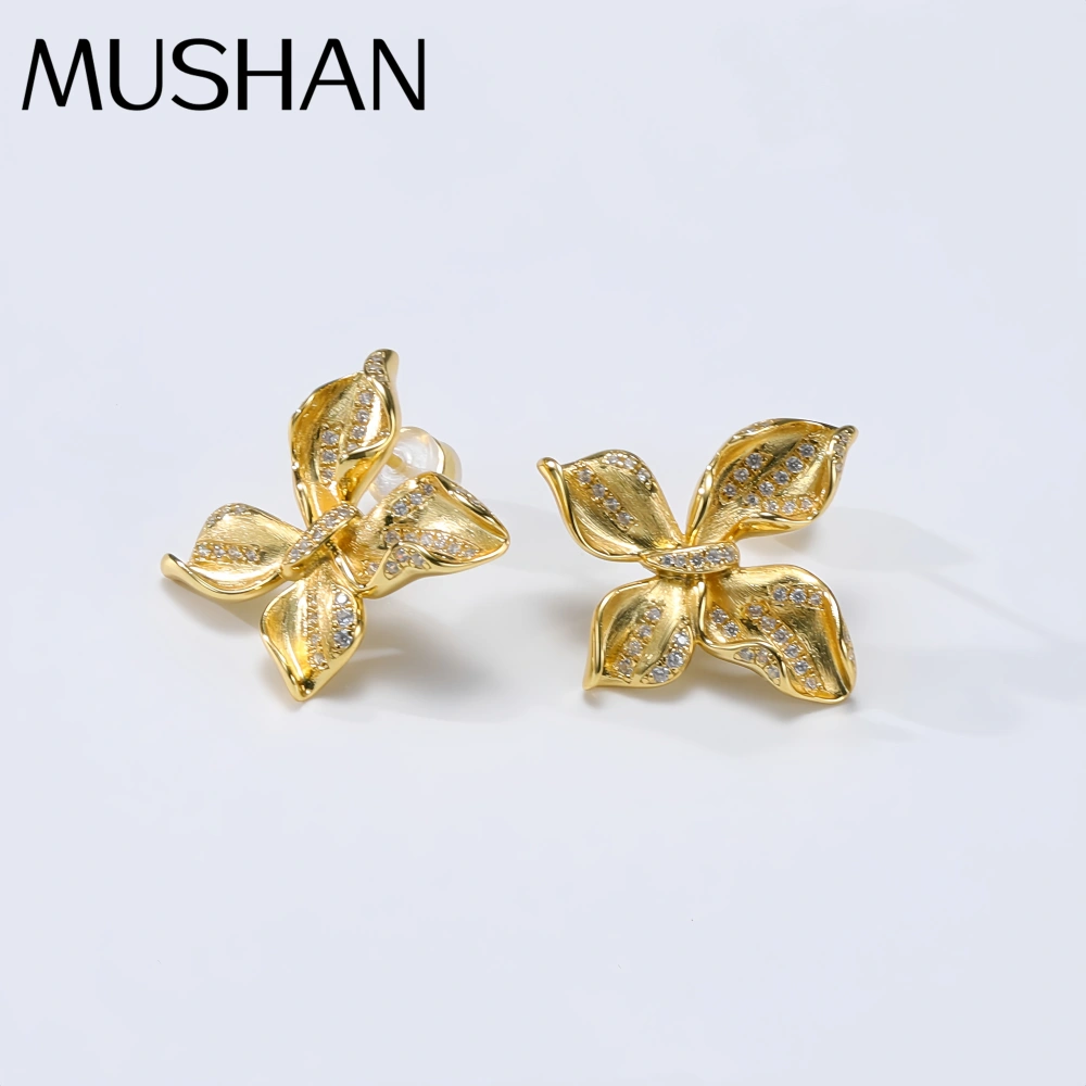 MuShan Luxury Brand Italian Brushed Gold Butterfly Stud Earrings 18K Gold Plated 925 Sterling Silver Zircon Earrings Jewelry