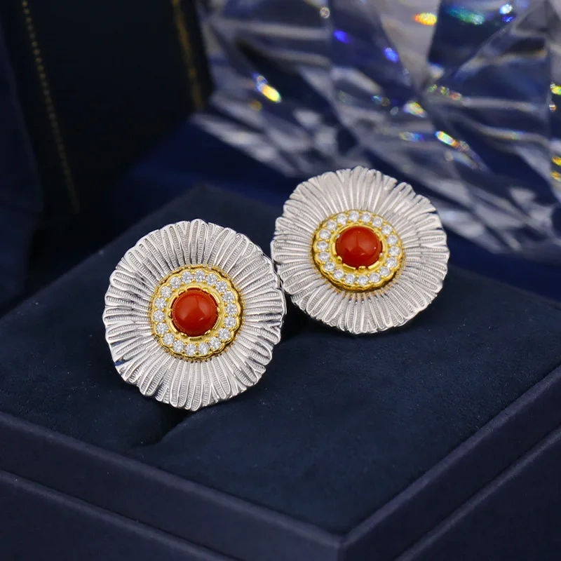 Mushan Luxury Brand Daisy Blue Agate Zircon Earrings 925 Sterling Silver Stud Earrings Fashion Jewelry Accessories