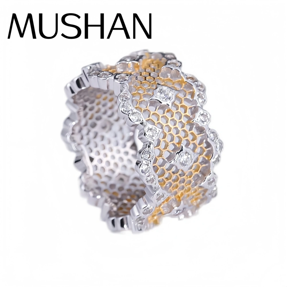 Mushan Luxury Brand Heavy Industry Color Separated Lace Ring Women New Retro Pure Silver 925 Plated With Real Gold Jewelry