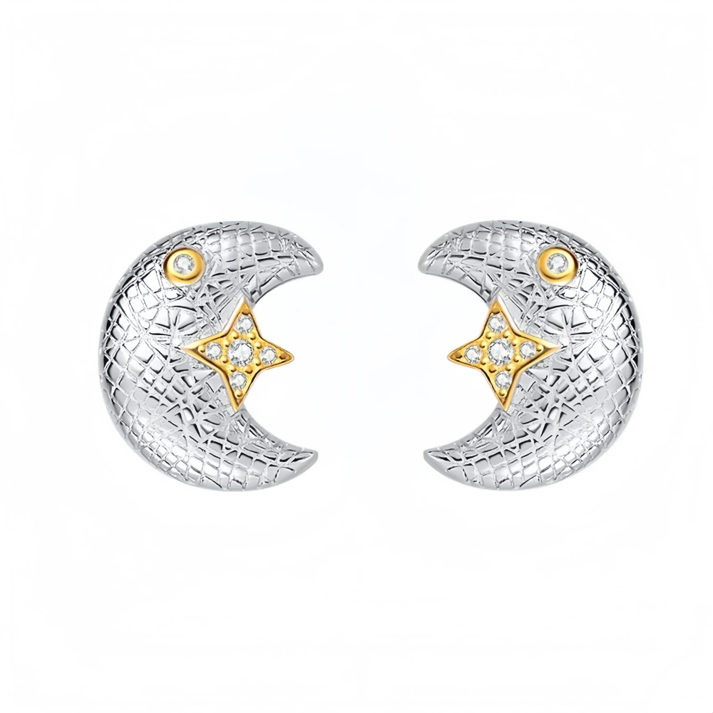 Mushan Luxury Brand Pure Silver S925 Italian Brushed Light Luxury Star And Moon Stud Gold And Silver Earrings And Earrings