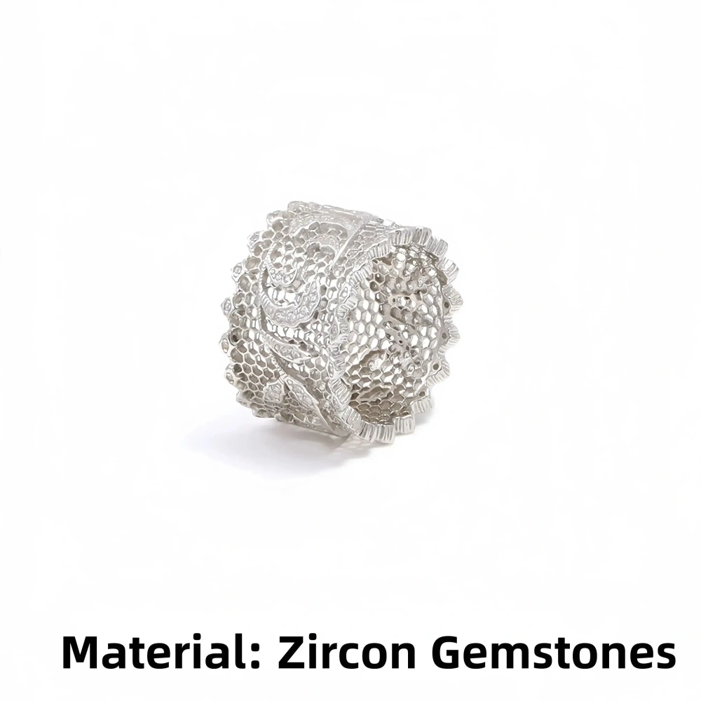 Mushan Luxury Brand Pure Silver Italian High End Gold Honeycomb Engraving Iris Flower Ring  Retro Lace Brushed Ring
