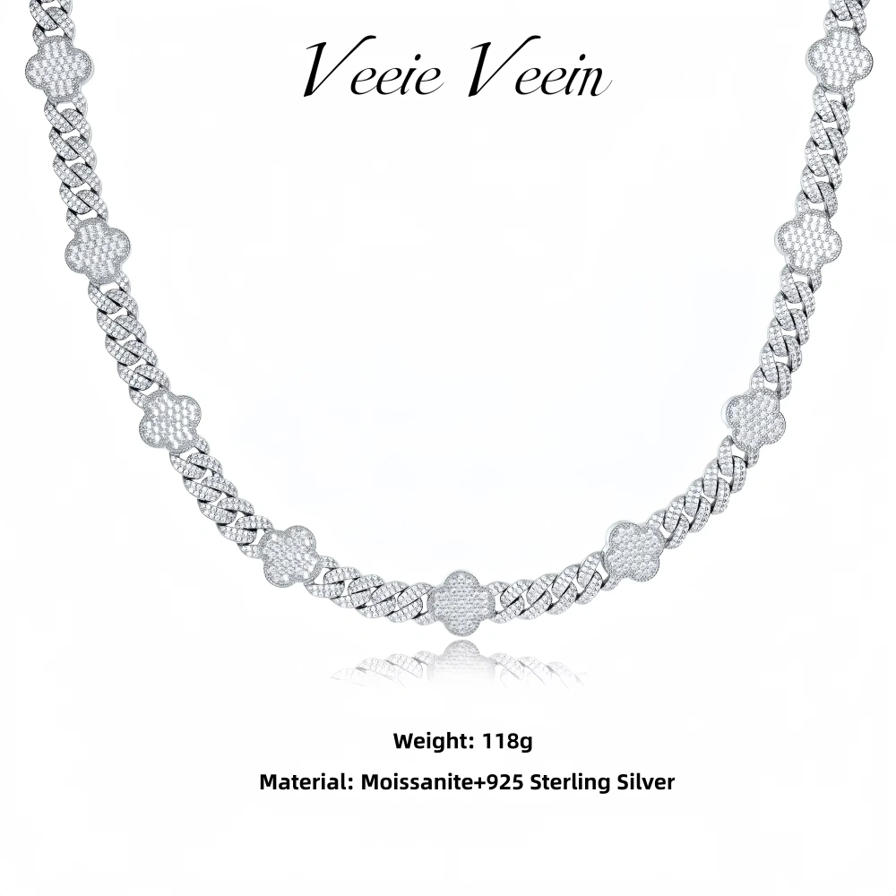 Veeie Veein Luxury Brand S925 Sterling Silver Moissanite Necklace Accessory Four Leaf Clover Cuban Chain Trend Necklace Jewelry