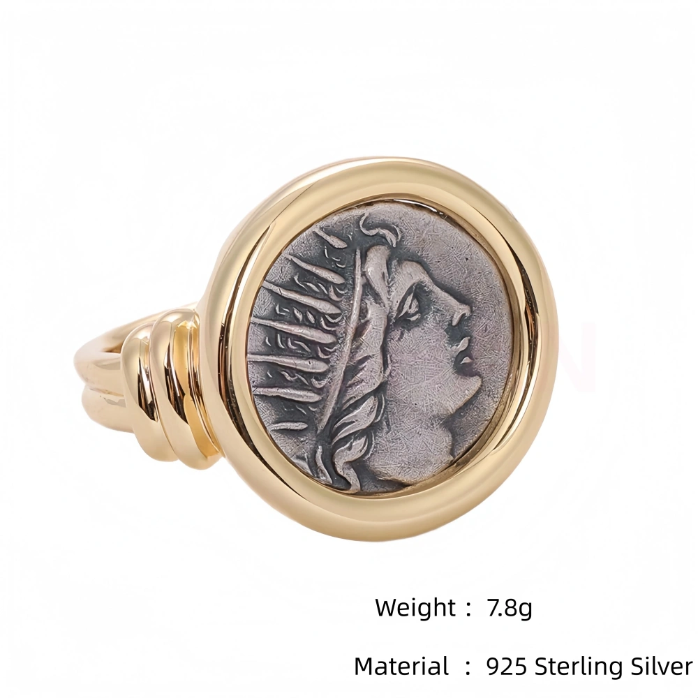Mushan Luxury Brand Sun God Apollo Ancient Coin Ring For Women 18K Gold Plated 925 Sterling Silver Party Rings Jewelry