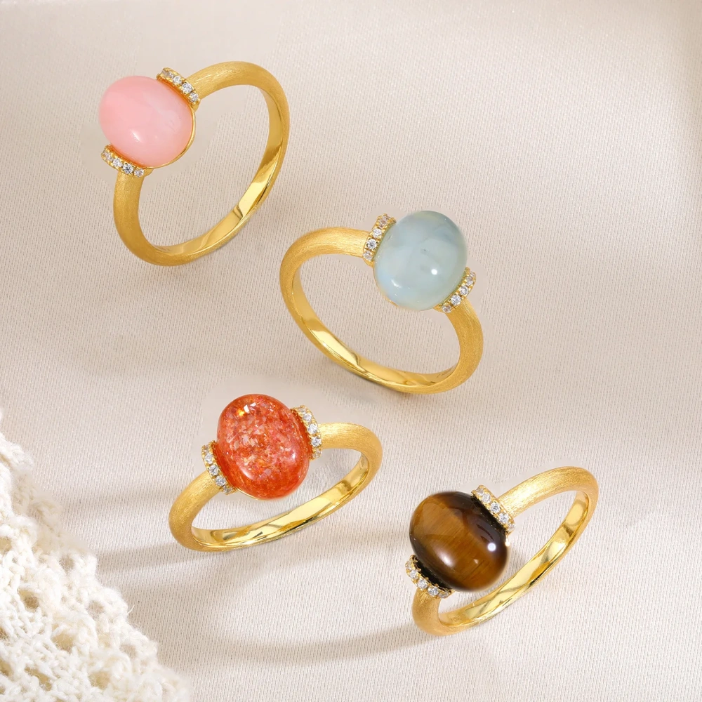 Mushan Luxury Brand 18K Gold Plated Brushed Gold Gemstones Ring Cat Eye Stone Zircon 925 Sterling Silver Rings Fine Jewelry