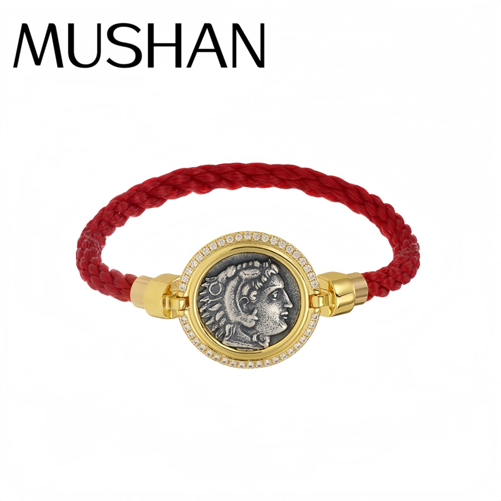 Mushan Luxury Brand 18k Gold Plated Antique Coin Red Rope Blue Rope Bracelet 925 Sterling Silver Bracelets Fine Jewelry