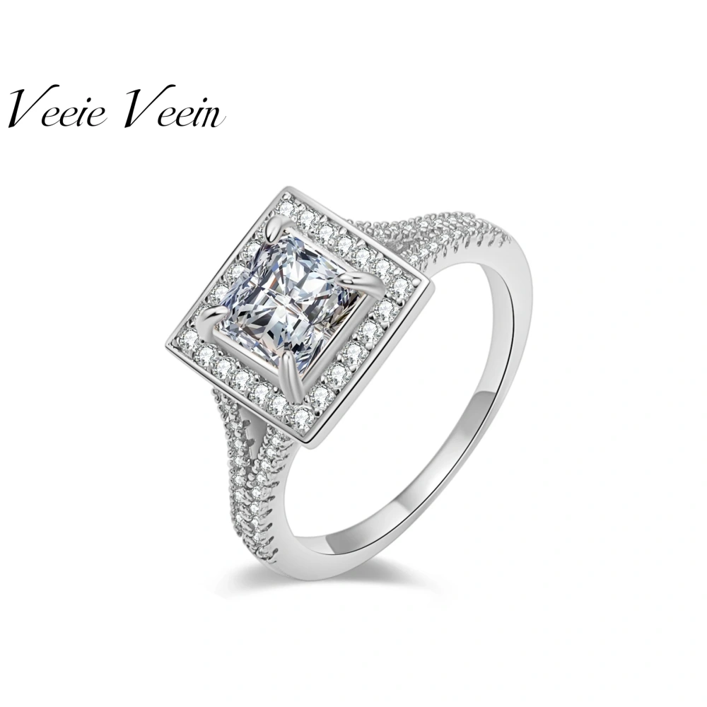 Veeie Veein Luxury Brand The S925 Pure Silver Princess Square 1-Carat Moissanite Women Ring GRA Certificate  Ring Jewelry