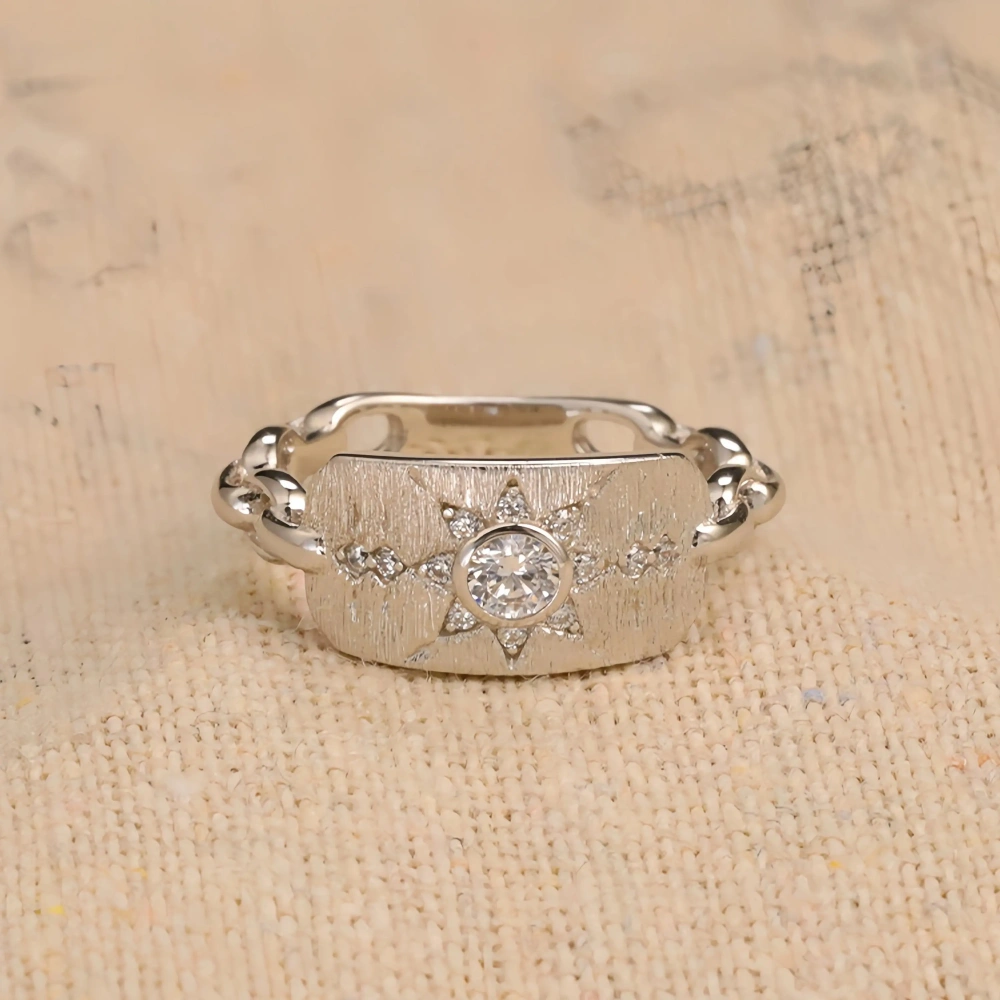 Mushan Luxury Brand New Chinese Style Starry Shield Hand Brushed Ring  Sun God Hexagram Diamond Ring Women Jewelry