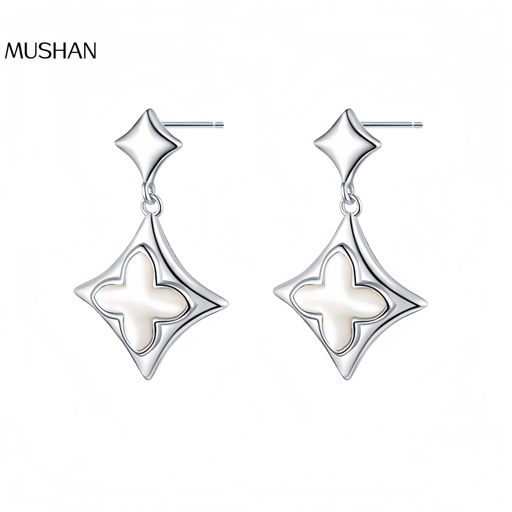 Mushan Luxury Brand S925 Sterling Silver Retro Four-Leaf Clover, White Shell Stud Earrings, Italian Earrings And Earrings