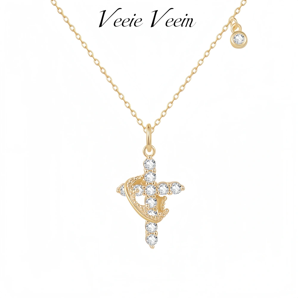 Veeie Veein Luxury Brand S925 Sterling Silver Moissanite Necklace Crown Cross  GRA Certificate Fashion Necklace Jewelry