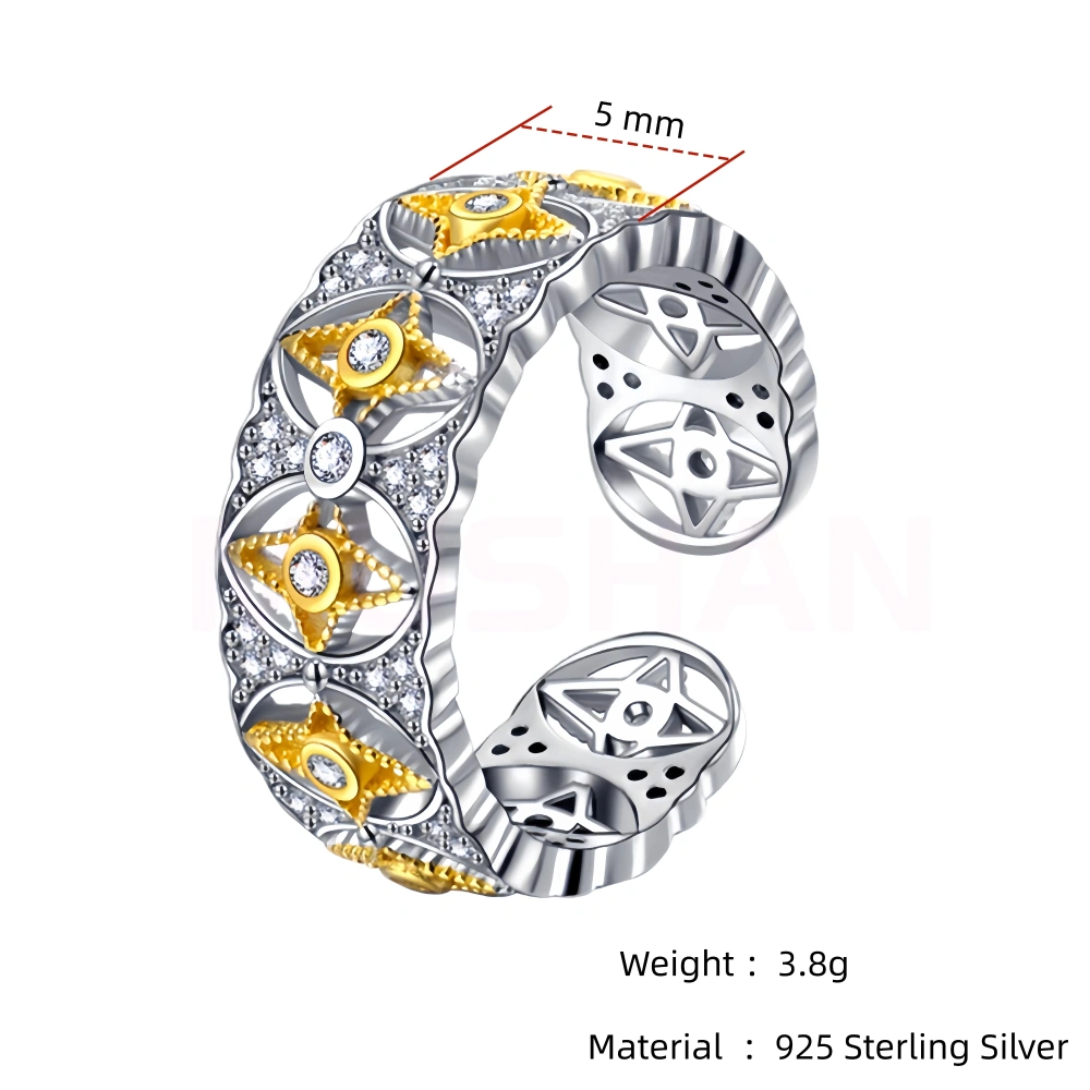 MuShan Luxury Brand Four-Pointed Star S925 925 Sterling Silver Ring 18K Gold Plated Hollow Zircon Ring Fine Jewelry
