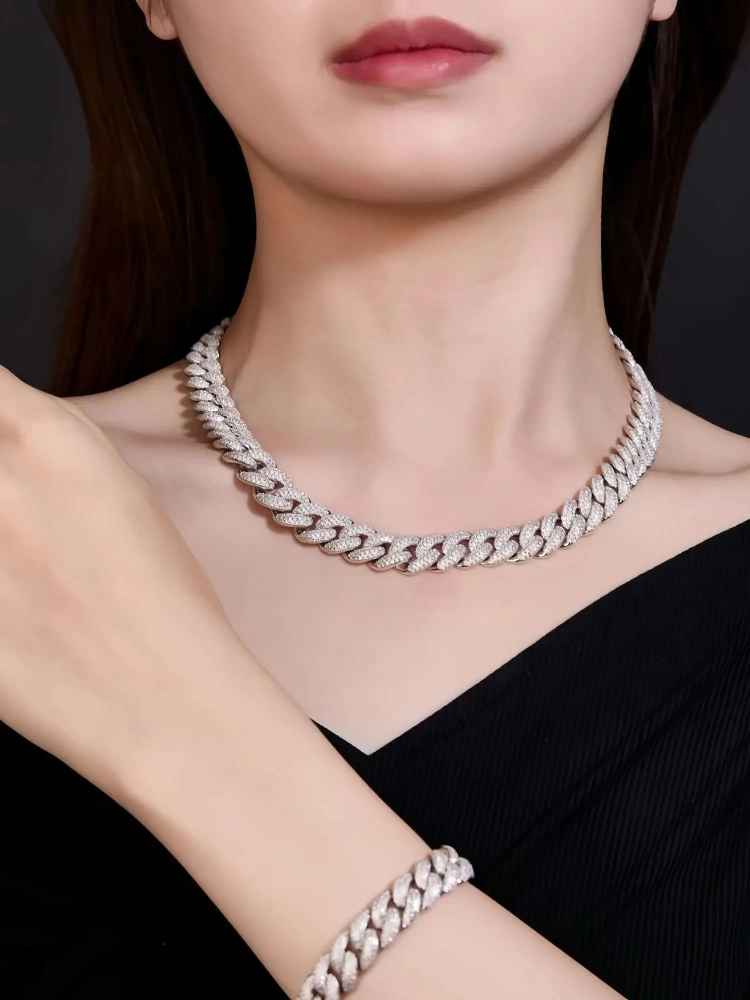 Veeie Veein Luxury Brand S925 Sterling Silver Fully Set Moissanite Necklace Cuban Chain Hip-Hop Street Fashion Jewelry