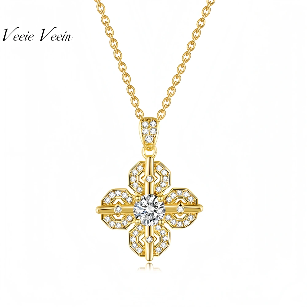 Veeie Veein Luxury Brand High Quality GRA Certificate S925 Sterling Silver Four-Leaf Clover Cross Pendant Women Necklace Jewelry