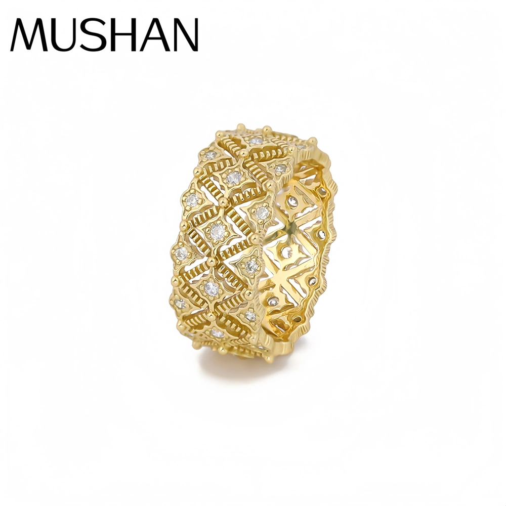 Mushan Luxury Brand Sterling Silver Lace Ring For Women  S925 Sterling  Silver Hollowed-Out Full Diamond 18k Gold Plated Ring