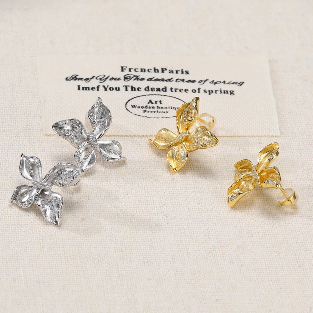 MuShan Luxury Brand Italian Brushed Gold Butterfly Stud Earrings 18K Gold Plated 925 Sterling Silver Zircon Earrings Jewelry