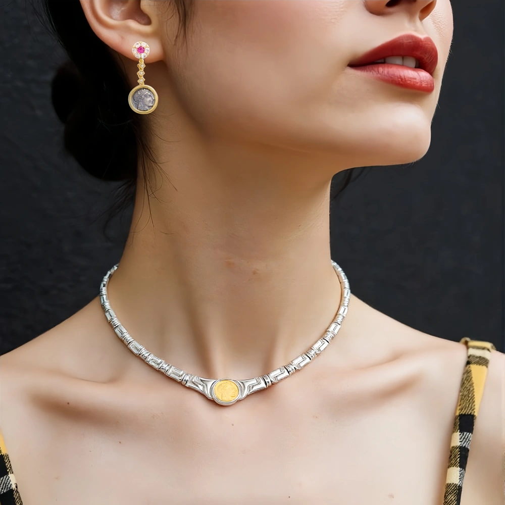 Mushan Luxury Brand New Fashionable Ancient Coin With Silver L Shaped Pattern Pendant Chain Women Fashion Necklace Jewelry