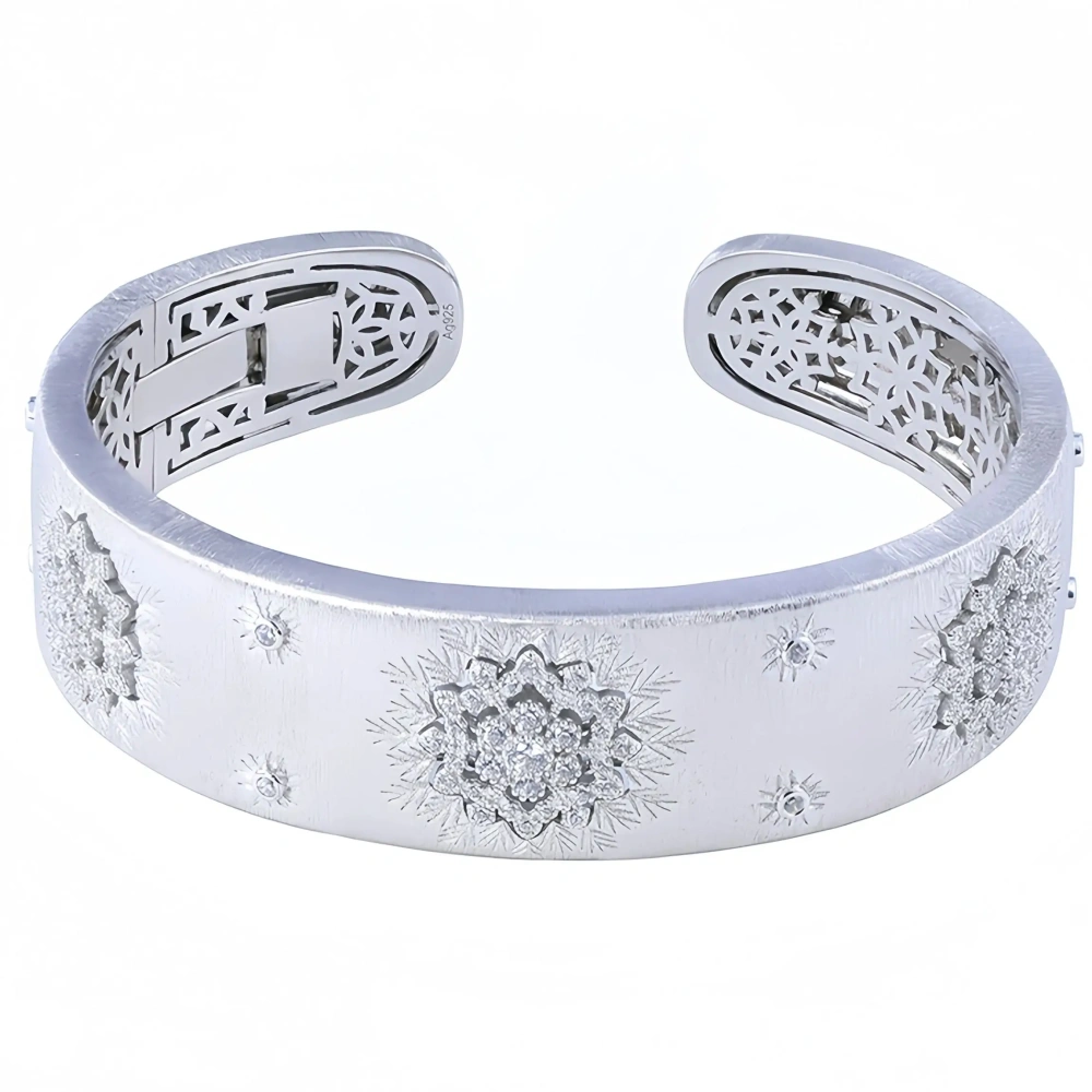 MuShan Luxury Brand 18K Gold Plated Brushed Gold Zircon Bangle 925 Sterling Silver Opening Bracelets Party Jewelry