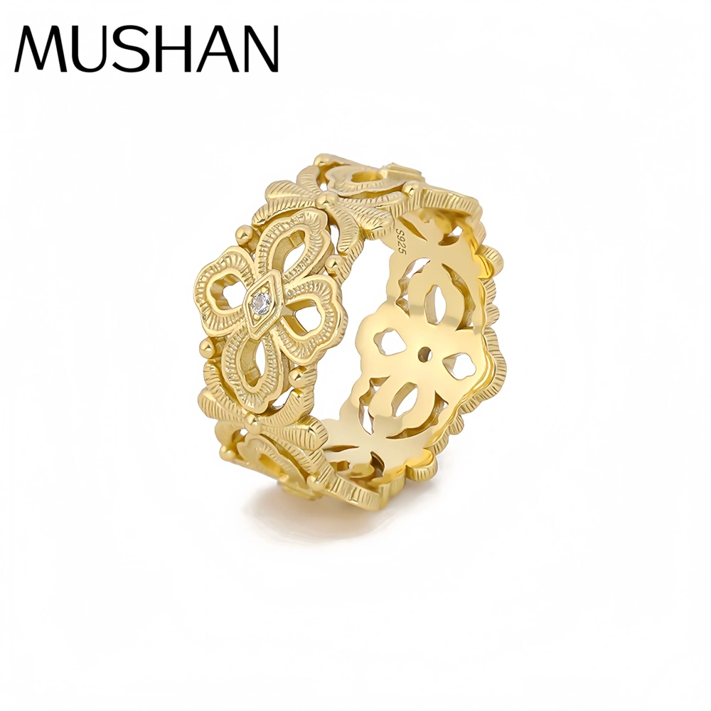 Mushan Luxury Brand Wire Drawn Hollow Pattern Woven Ring 18K Gold Plated 925 Sterling Silver Rings Fine Jewelry