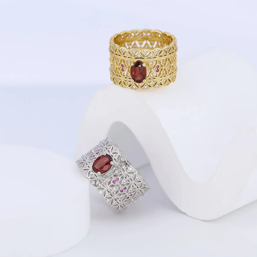 Mushan Luxury Brand Retro Lace  Natural Gemstone  Hand Brushed Pure Silver Ring Women 925 Sterling Silver Ring Jewelry