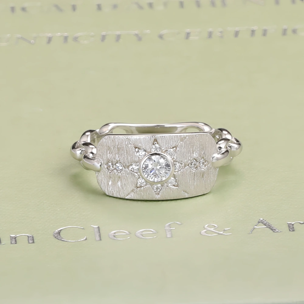 Mushan Luxury Brand New Chinese Style Starry Shield Hand Brushed Ring  Sun God Hexagram Diamond Ring Women Jewelry