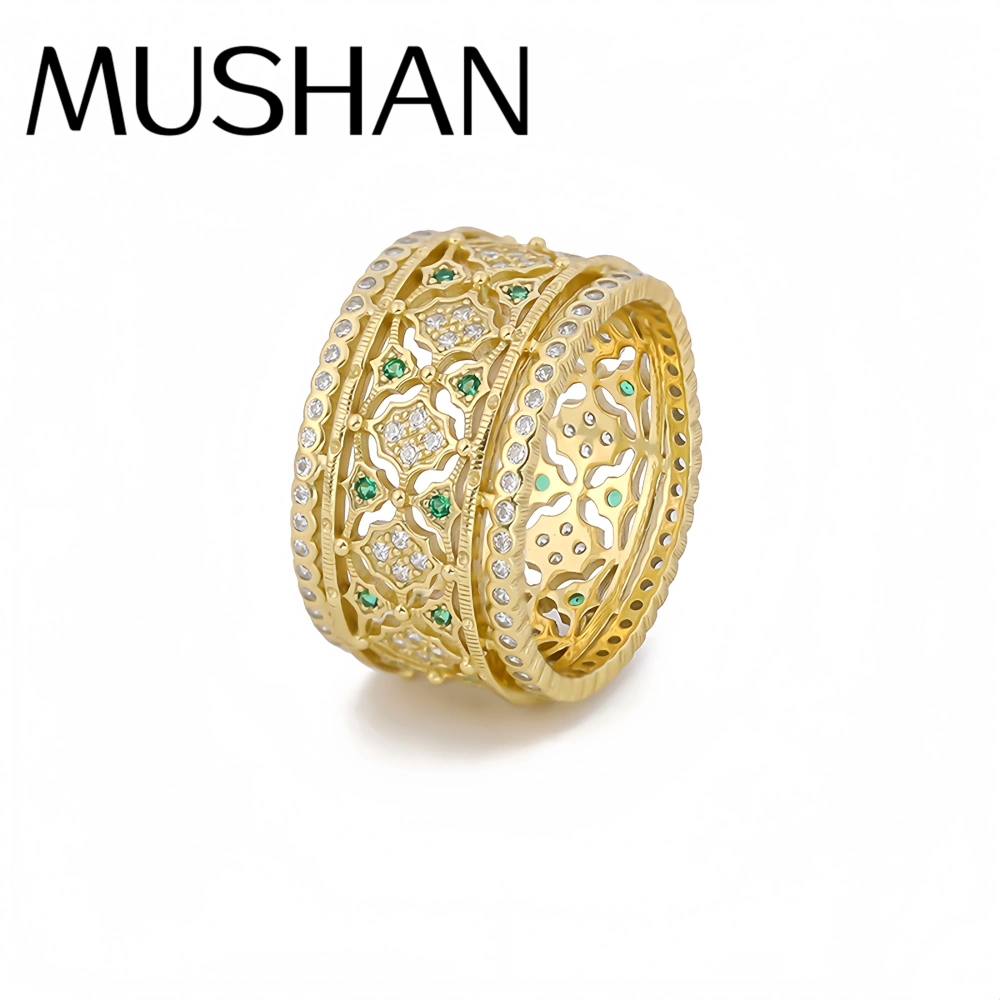Mushan Luxury Brand Wide Hollowed-Out Diamond-Encrusted Retro And Fashionable Pure Silver Lace Ring Silver Ring Jewelry
