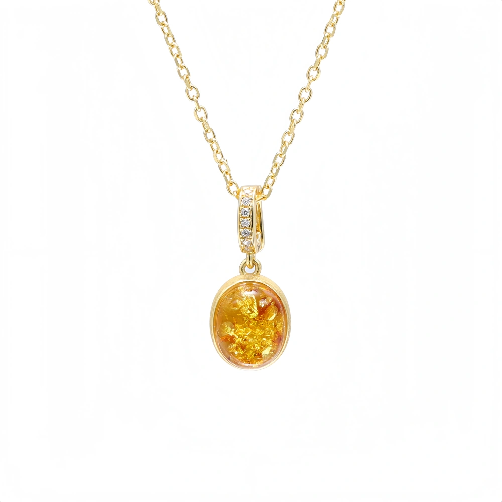 MuShan Luxury Brand Amber Stone Zircon Gemstones Pendant Necklace 18K Gold Plated 925 Sterling Silver Necklaces Jewelry