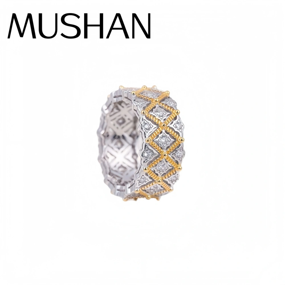 Mushan Luxury Brand New Full Diamond Lace Ring From Boucher With  Hollowed-Out Style S925 Sterling Silver Gold Plating
