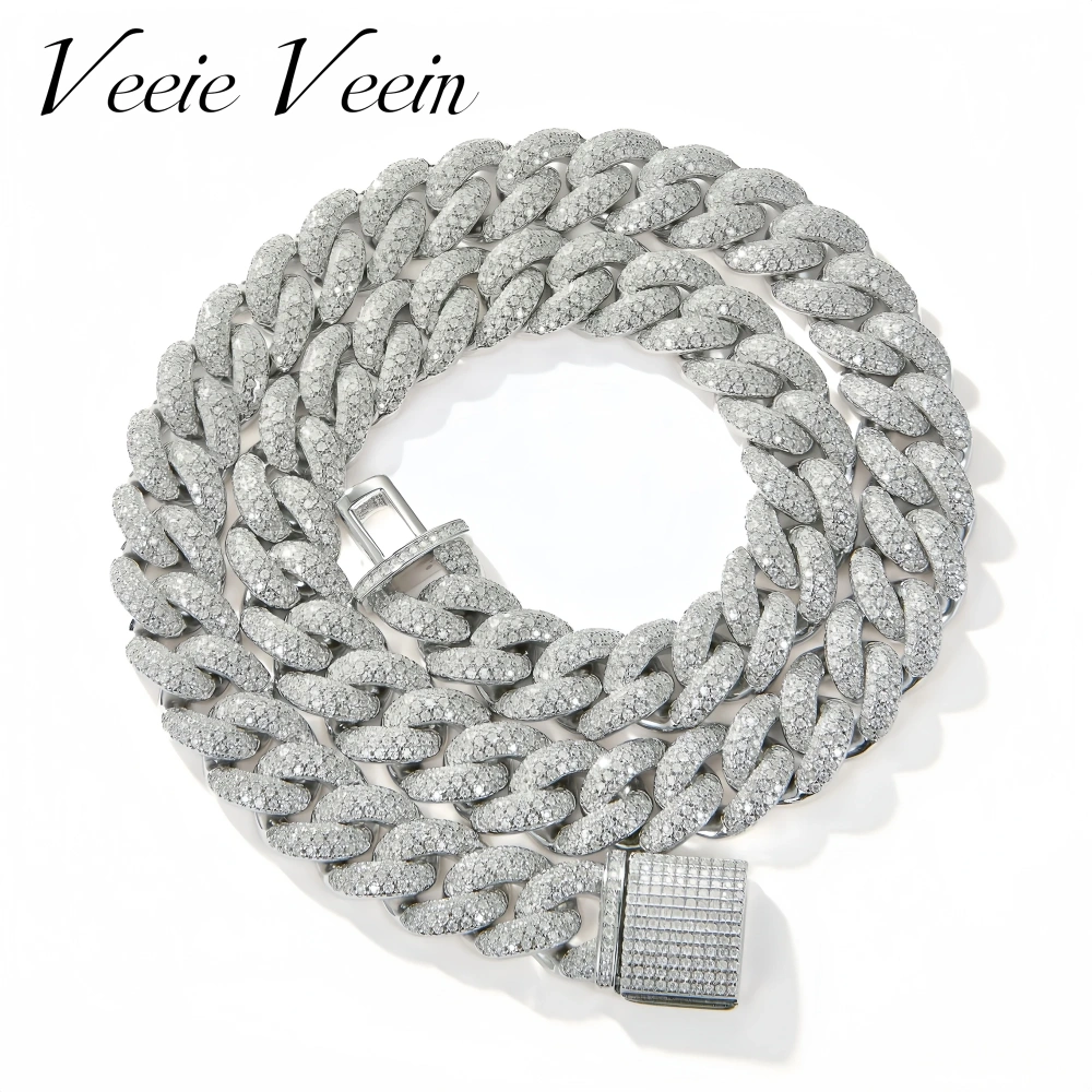 Veeie Veein Luxury Brand S925 Sterling Silver Fully Set Moissanite Necklace Cuban Chain Hip-Hop Street Fashion Jewelry