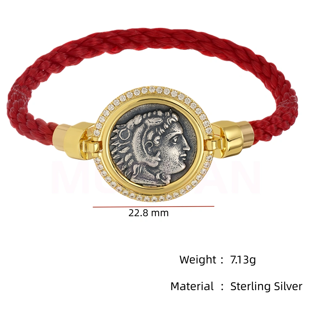 Mushan Luxury Brand 18k Gold Plated Antique Coin Red Rope Blue Rope Bracelet 925 Sterling Silver Bracelets Fine Jewelry