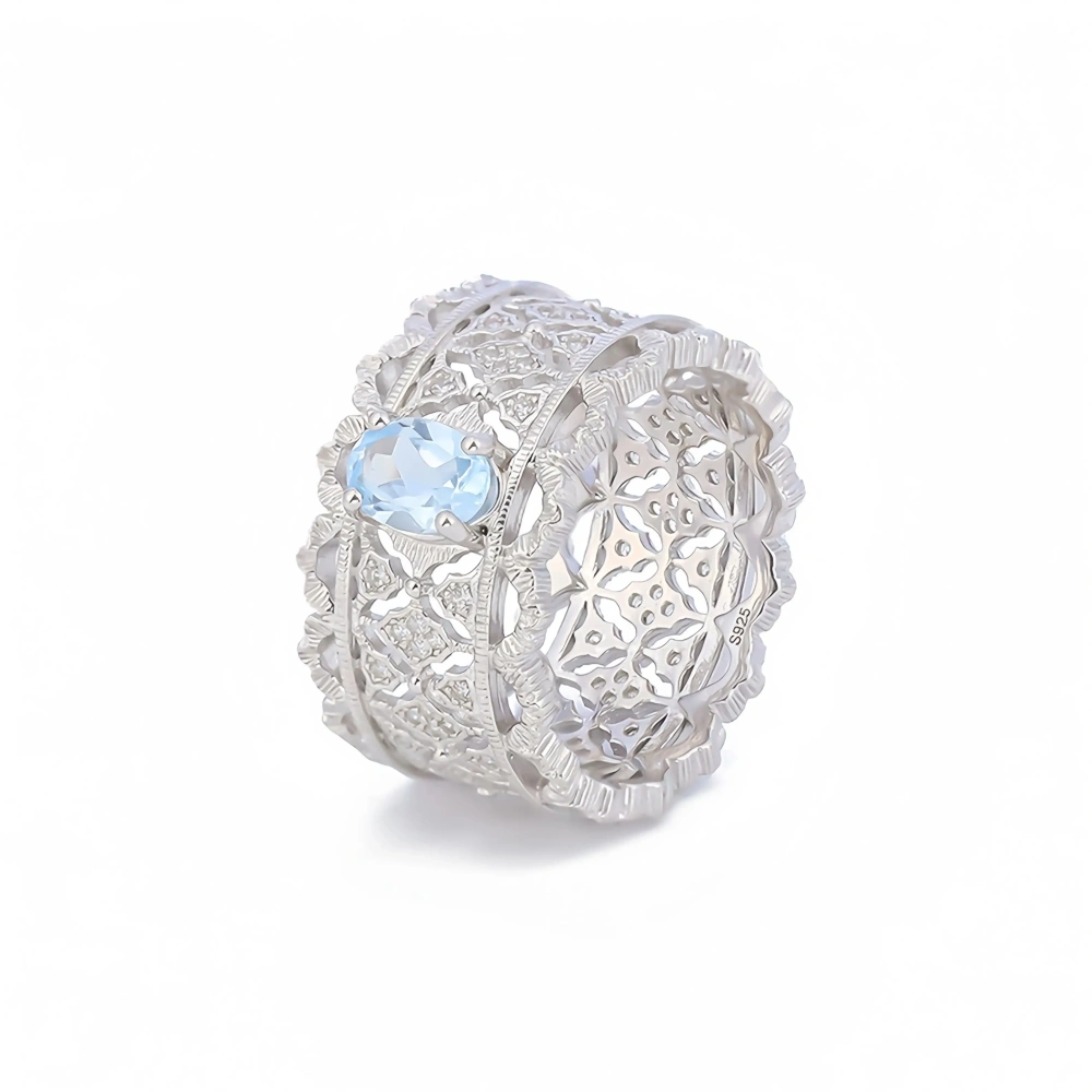 Mushan Luxury Brand Retro Lace  Natural Gemstone  Hand Brushed Pure Silver Ring Women 925 Sterling Silver Ring Jewelry