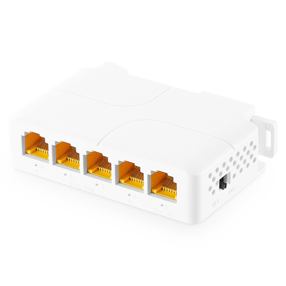 Gigabit PoE Passthrough Switch, 1 PoE in 4 Out POE Extender, IEEE802.3af/at/bt poe Powered 90W, 10/100/1000Mbps Ethernet, Din Rail & Wall Mount Plug and Play