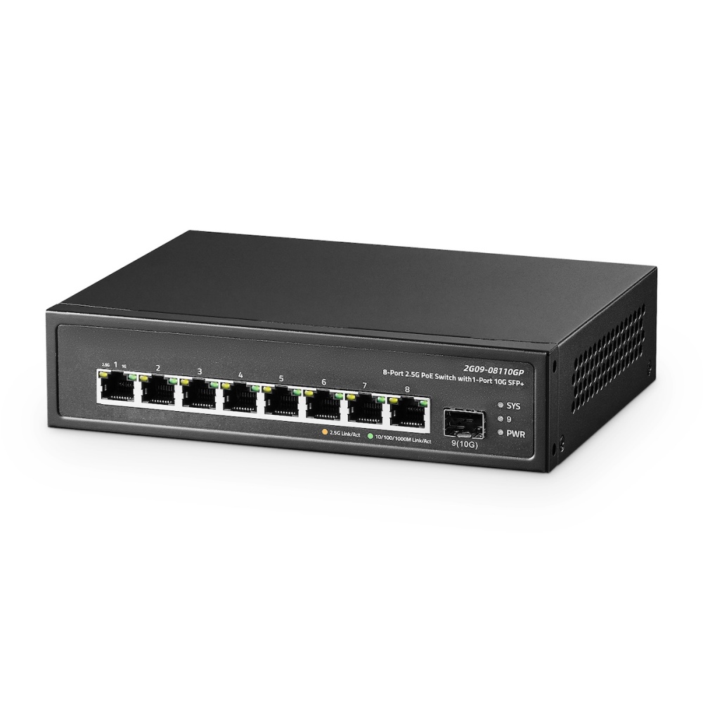 9 Port 2.5G PoE Switch with 10G SFP+ Port, 8x2.5G Base-T Ports Compatible with 100/1000Mbps, IEEE802.3af/at 135W, Unmanaged Fanless Rackmount Ethernet Switch