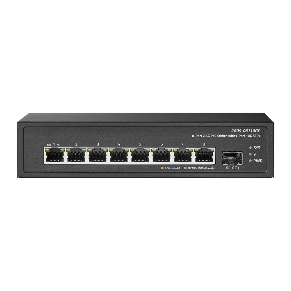 9 Port 2.5G PoE Switch with 10G SFP+ Port, 8x2.5G Base-T Ports Compatible with 100/1000Mbps, IEEE802.3af/at 135W, Unmanaged Fanless Rackmount Ethernet Switch