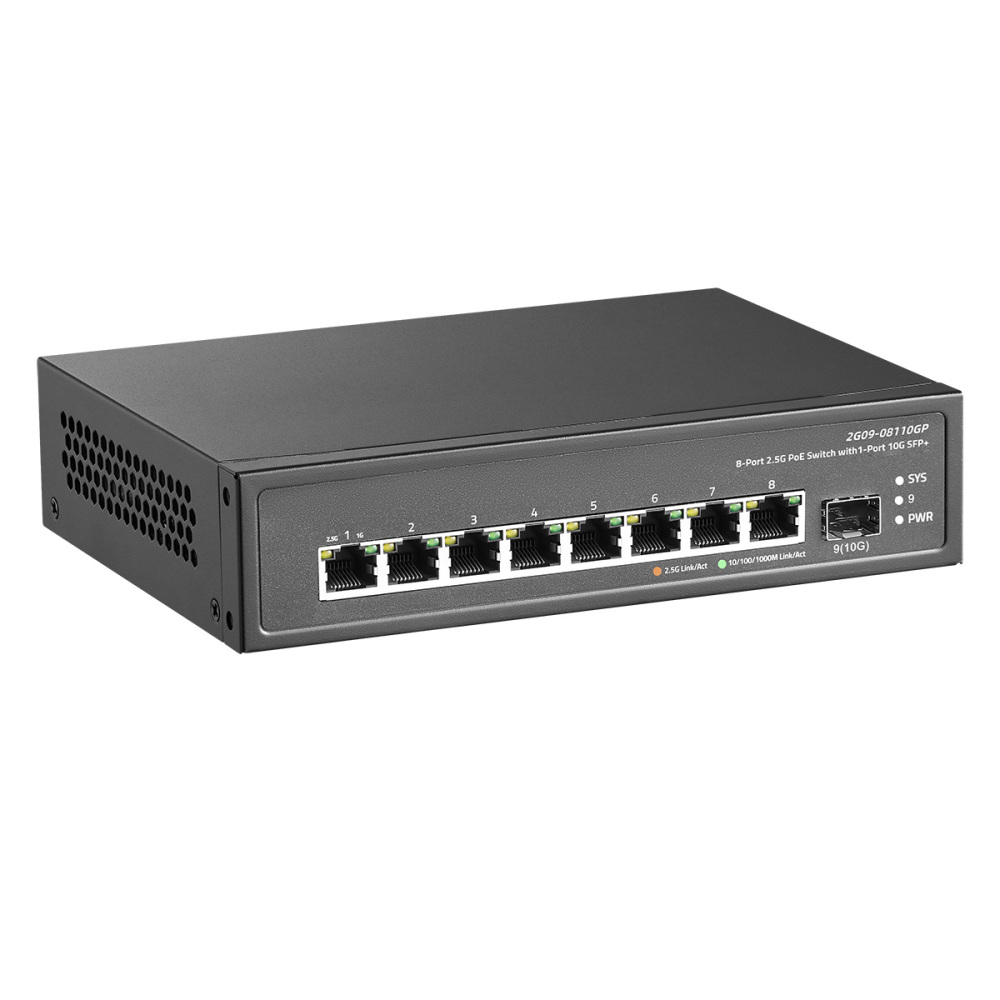 9 Port 2.5G PoE Switch with 10G SFP+ Port, 8x2.5G Base-T Ports Compatible with 100/1000Mbps, IEEE802.3af/at 135W, Unmanaged Fanless Rackmount Ethernet Switch